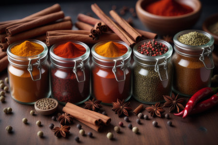 Spices and herbs on wooden background. Food and cuisine ingredients.の素材