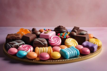Assorted chocolate candies on a plate over pink background with copy spaceの素材