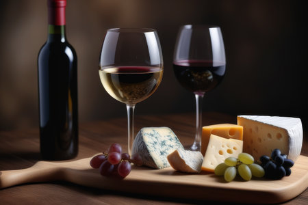Wine and cheese on wooden board on dark background, closeupの素材