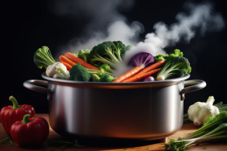 Vegetables in a saucepan on a wooden table. Black background.の素材