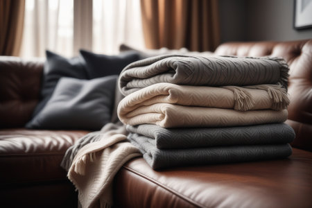 Pile of warm clothes on sofa in living room, closeupの素材