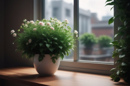 Flowers in a vase on the windowsill. Home interiorの素材