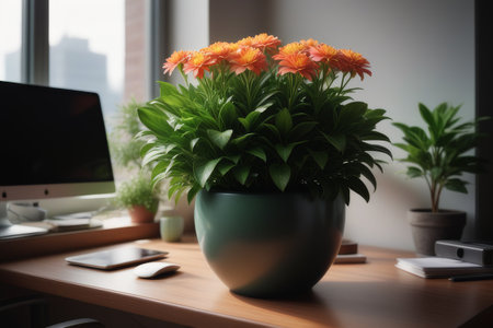 Flowers in a pot on a table in a modern office.の素材