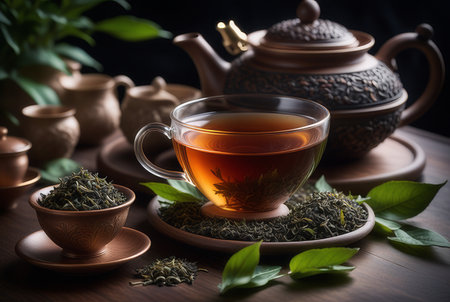 Green tea in a cup and teapot on a wooden tableの素材