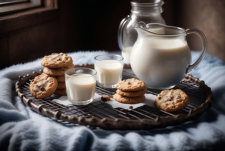 Milk in a glass and cookies on a dark background. Selective focus.の素材