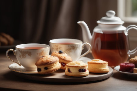 Tea and biscuits on a wooden table in the morning. Selective focus.の素材