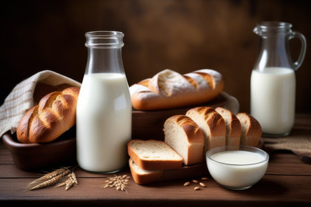Milk, bread and wheat on a wooden background. Selective focus.の素材