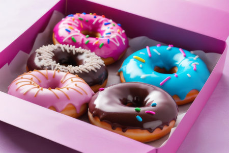 Delicious donuts in gift box on pink background, closeupの素材