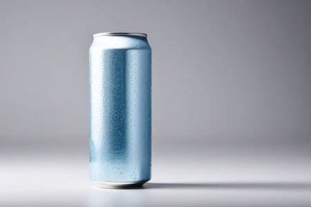 Aluminum can with water drops on grey background. Studio shot.の素材