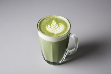A cup of green tea latte with latte art on white backgroundの素材