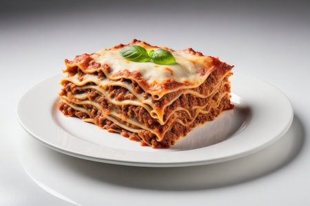 Lasagna with bolognese sauce on a white plate.の素材