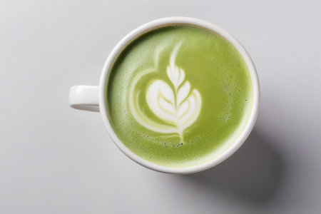 A cup of matcha latte green tea on a gray backgroundの素材