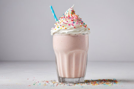 Milkshake with whipped cream and colorful sprinkles in a glassの素材