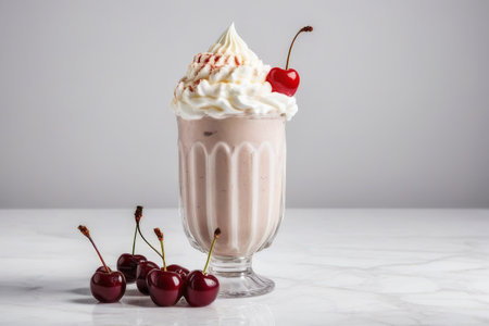 Cherry milkshake with whipped cream and cherries on white marble tableの素材
