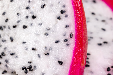 A mesmerizing macro shot revealing the intricate beauty of a dragon fruit, an exotic delightの写真素材