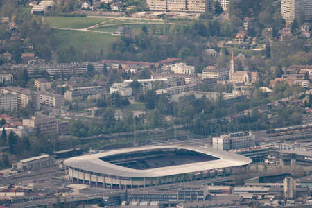 Aerial view of Geneva stadium (Switzerland) and its surroundings taken with an extreme telephoto lens (600mm)のeditorial素材