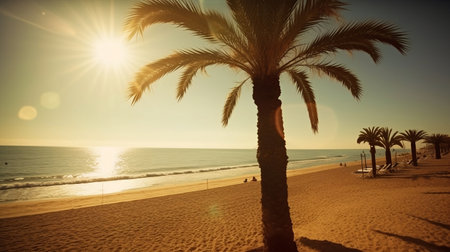 Palm trees on the beach at sunrise. Filtered image processed vintage effect. Created with Generative AIの素材