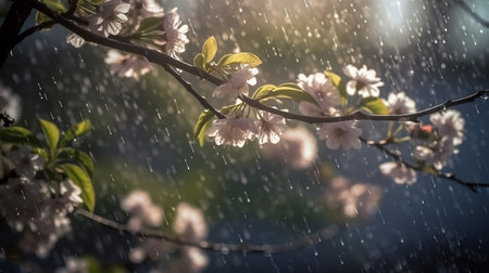 cherry blossom under the rain with soft focus and vintage tone. Created with Generative AIの素材