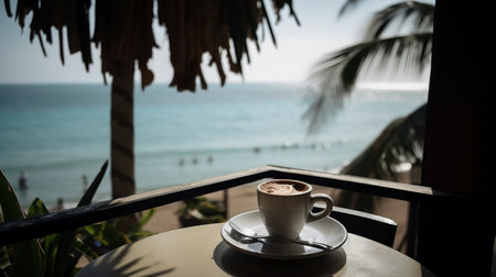 Coffee cup on table in coffee shop with sea view background. Created with Generative AIの素材