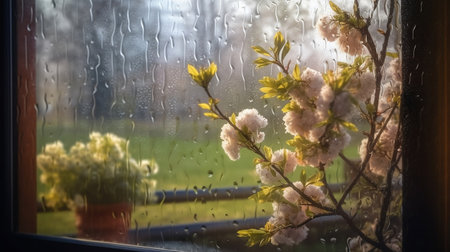 Spring blossom on a window with raindrops. Blurred background. Created with Generative AIの素材