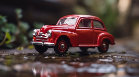 Miniature red toy car in a puddle of water, vintage style. Created with Generative AIの素材