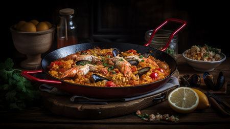 Seafood paella in a frying pan on a dark background. Created with Generative AIの素材