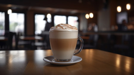 Coffee latte art on wooden table in coffee shop. Created with Generative AIの素材