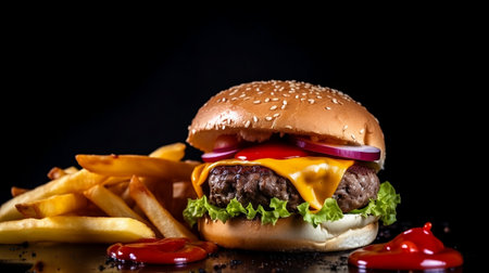 Cheese burger - American cheese burger with Golden French fries on black background. created with Generative AIの素材