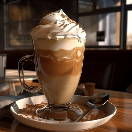 Coffee in a glass cup with whipped cream on a wooden table. created with Generative AIの素材