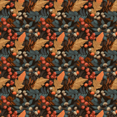 Seamless pattern with autumn leaves, berries and acorns. Created with generative AIの素材