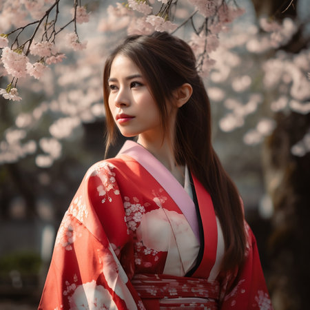 Beautiful asian woman in kimono with cherry blossom. Created with generative AIの素材