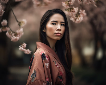 Portrait of a beautiful asian woman in kimono in cherry blossom garden. Created with generative AIの素材