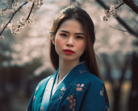 Beautiful asian woman in kimono with cherry blossom. Created with generative AIの素材