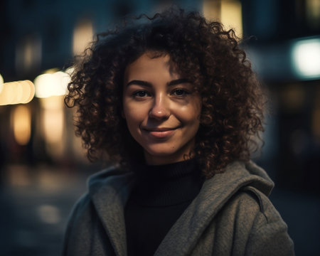 Portrait of a beautiful woman with curly hair in the city at night. Created with generative AIの素材
