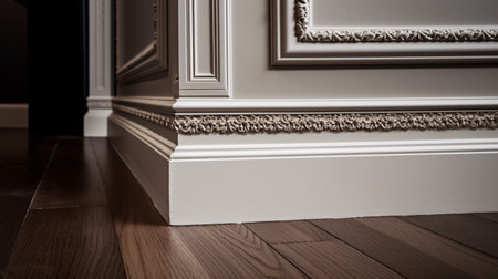 Detail of the interior of a modern house. interior design. molding and strips, wooden floor. concept photo. Created with generative AI.の素材