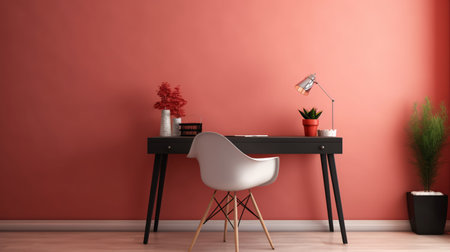Workplace with modern table and chair near red wall. Minimalistic styles. Created with generative AI.の素材
