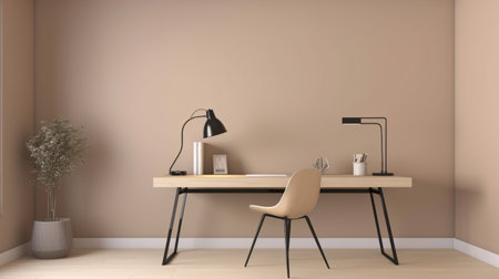 Minimalist workspace with computer, lamp and coffee table. Minimalistic styles. Created with generative AIの素材