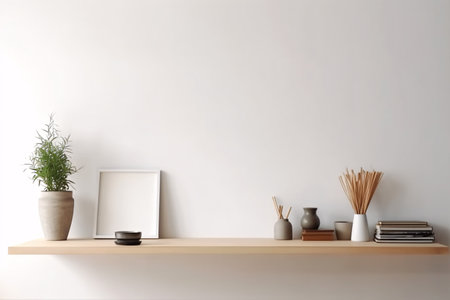 Bookshelf with books and vase on white wall background. Minimalistic styles. Created with generative AIの素材
