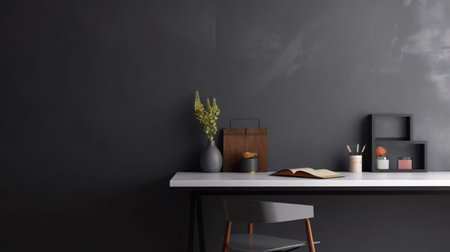 Interior of modern home office with black walls, concrete floor, white computer desk with books and coffee table. Minimalistic styles. Created with generative AIの素材