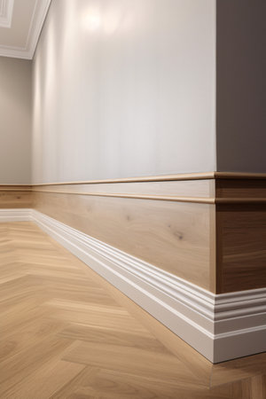 Modern room interior with wooden floor and white wall. Baseboard and wood paneling on the walls. Created with generative AIの素材