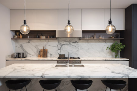 Luxury, modern kitchen interior with white marble carrara countertops, black stools and ovens. Created with generative AIの素材