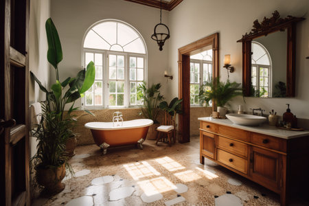 Bathroom interior with bathtub and panoramic window. Colonial styles. created with Generative AIの素材