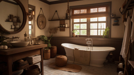 Interior of a vintage, colonial bathroom with a bathtub and a round mirror. created with Generative AIの素材