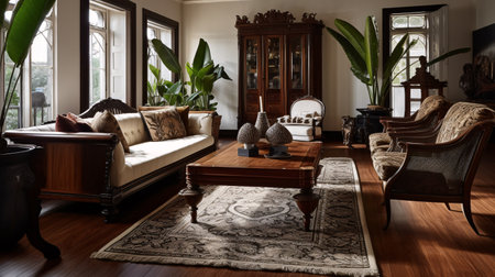 Luxury living room interior in classic, colonial style. Sofa, armchair, coffee table and plants. created with Generative AIの素材