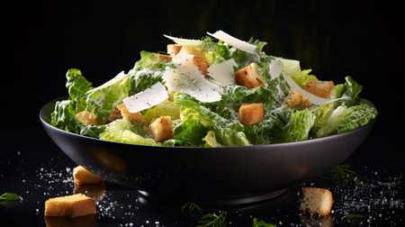 Fresh caesar salad with parmesan cheese and cherry tomatoes, eggs, croutons on dark background. created with Generative AIの素材