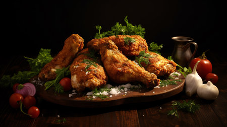 Crispy fried chicken wings. Culinary photo, dark background. created with Generative AIの素材