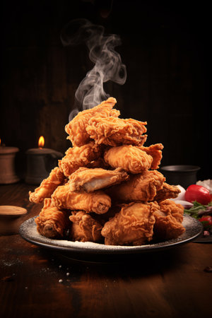 Crispy fried chicken wings. Culinary photo, dark background. created with Generative AIの素材