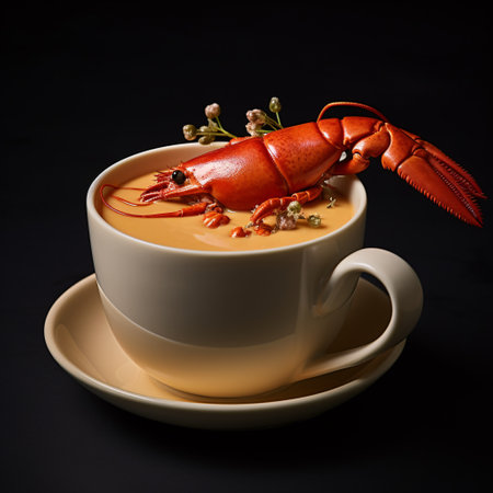 Lobster bisque soup with cream and parsley, herbs and seeds. on a black background. Culinary photo. created with Generative AIの素材
