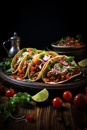 Traditional mexican tacos with meat, vegetables and salsa on wooden or black background. created with Generative AIの素材
