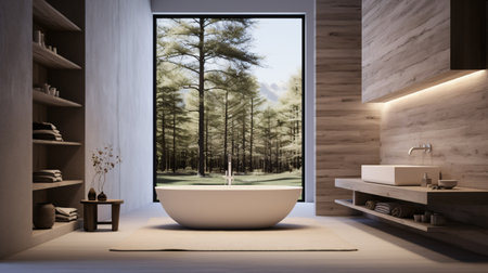 Bathroom in minimalist style. Bright or dark colors. Stone, or wood furniture. Modern interior design. Luxury bathroom interior. created with Generative AIの素材